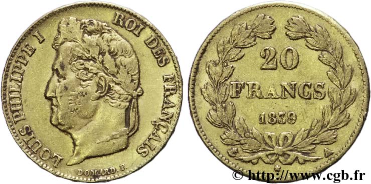 20 francs or Louis-Philippe, Domard 1839 Paris F.527/20 XF45 