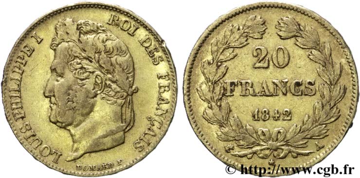 20 francs or Louis-Philippe, Domard 1842 Paris F.527/27 XF48 