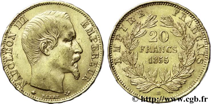 20 francs or Napoléon III, tête nue 1855 Strasbourg F.531/6 AU52 