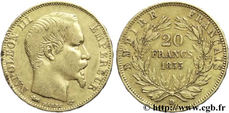 20 francs or Napoléon III, tête nue, grand lion 1855 Lyon F.531/8 BC35 