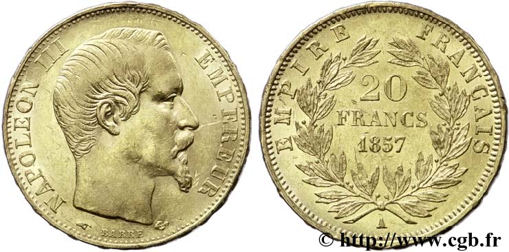 20 francs or Napoléon III, tête nue 1857 Paris F.531/12 SUP55 