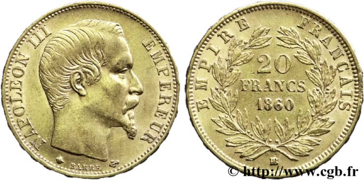 20 francs or Napoléon III, tête nue 1860 Strasbourg F.531/20 AU50 