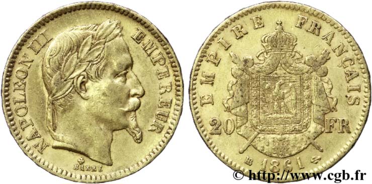 20 francs or Napoléon III, tête laurée 1861 Strasbourg F.532/2 TTB48 