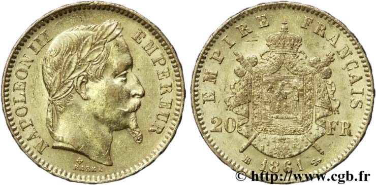 20 francs or Napoléon III, tête laurée 1861 Strasbourg F.532/2 TTB50 