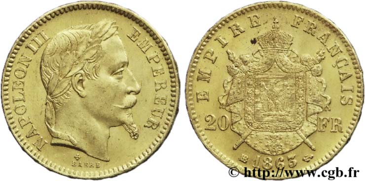 20 francs or Napoléon III, tête laurée 1863 Strasbourg F.532/7 AU58 