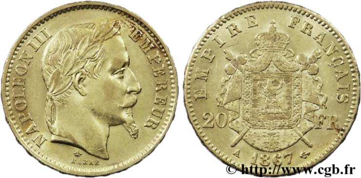 20 francs or Napoléon III, tête laurée 1867 Paris F.532/15 TTB52 