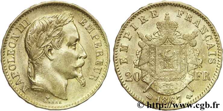 20 francs or Napoléon III, tête laurée 1867 Strasbourg F.532/17 BB52 