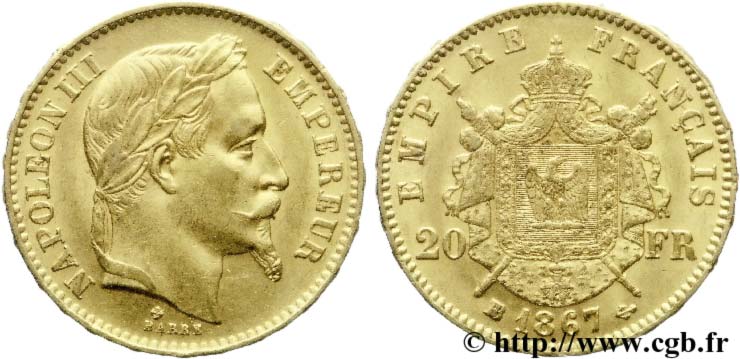 20 francs or Napoléon III, tête laurée 1867 Strasbourg F.532/17 SUP55 