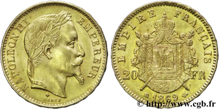 20 francs or Napoléon III, tête laurée, petit BB 1869 Strasbourg F.532/21 SPL55 