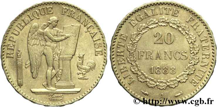 20 francs or Génie, Troisième République 1888 Paris F.533/11 SUP55 