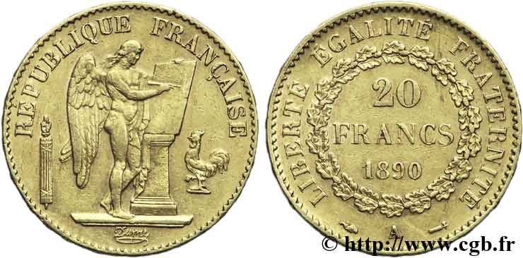20 francs or Génie, Troisième République 1890 Paris F.533/14 MBC50 