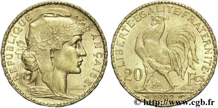 20 francs or Coq, Dieu protège la France 1902 Paris F.534/7 AU55 