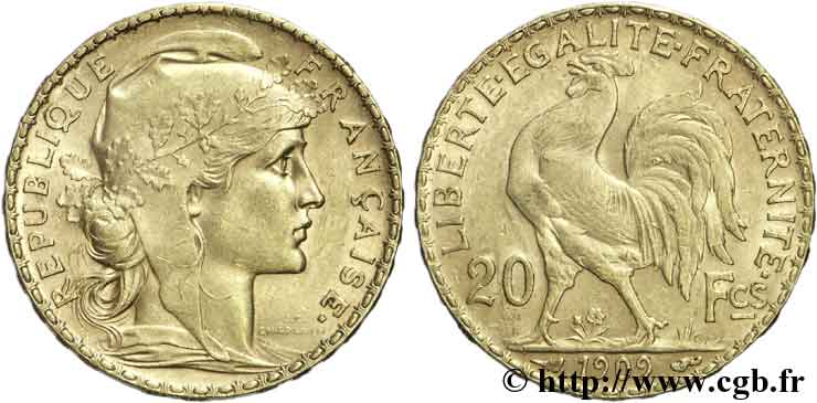 20 francs or Coq, Liberté Égalité Fraternité 1909 Paris F.535/3 SUP58 