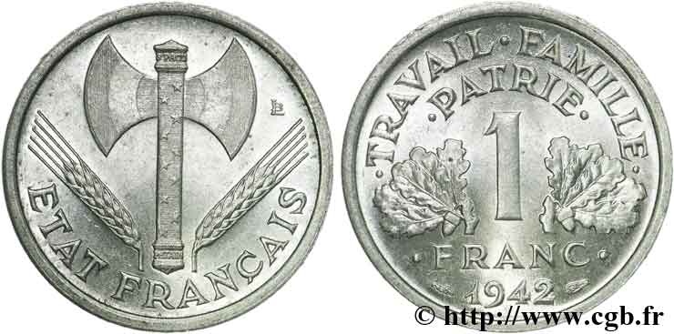 1 franc Francisque, lourde 1942  F.222/3 MS62 