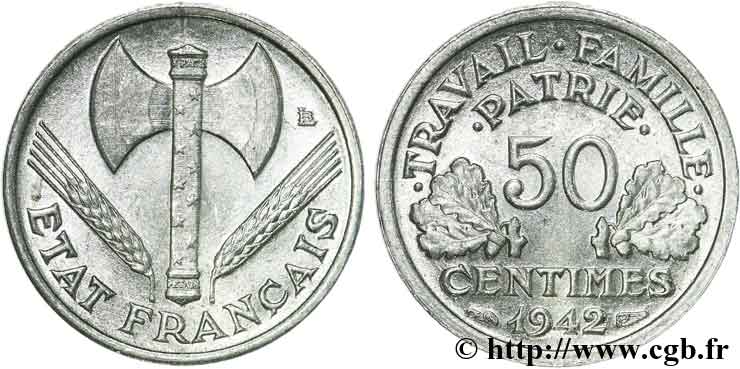 50 centimes Francisque, lourde 1942  F.195/3 SUP60 