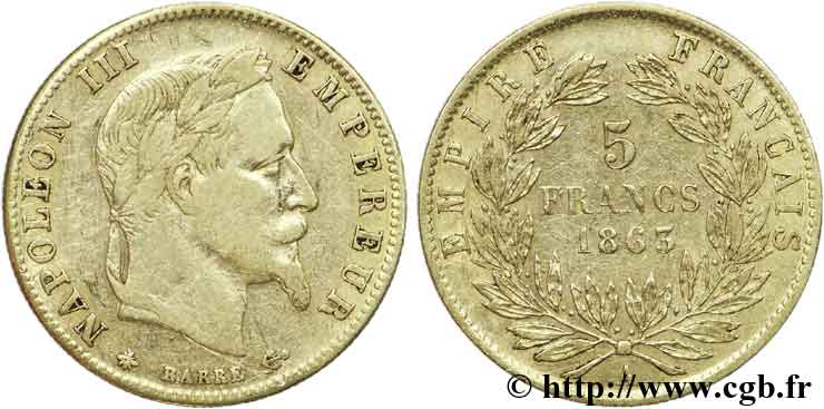 5 francs or Napoléon III, tête laurée 1863 Paris F.502/3 BB40 