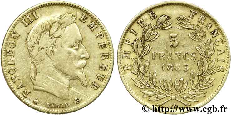 5 francs or Napoléon III, tête laurée 1863 Paris F.502/3 BC25 