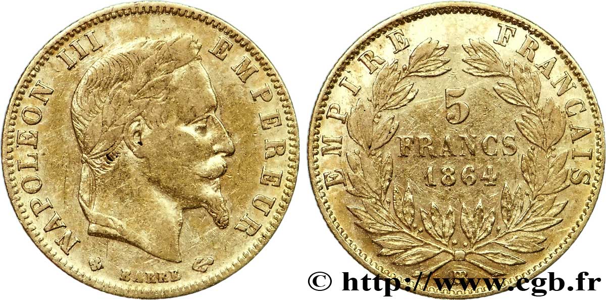 5 francs or Napoléon III, tête laurée 1864 Strasbourg F.502/6 BB42 