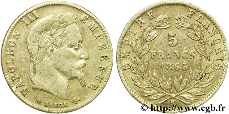 5 francs or Napoléon III, tête laurée 1865 Strasbourg F.502/8 TB38 