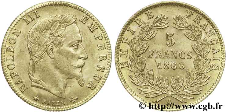 5 francs or Napoléon III, tête laurée 1866 Paris F.502/9 EBC55 