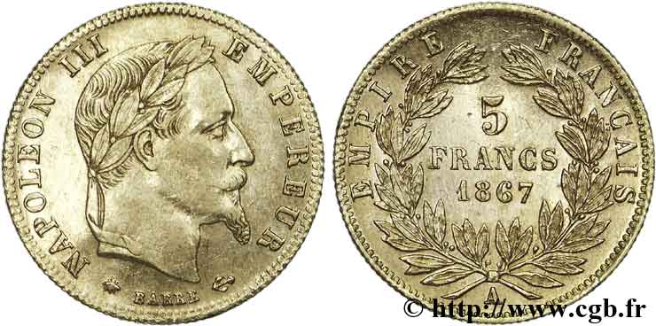 5 francs or Napoléon III, tête laurée 1867 Paris F.502/11 SS50 