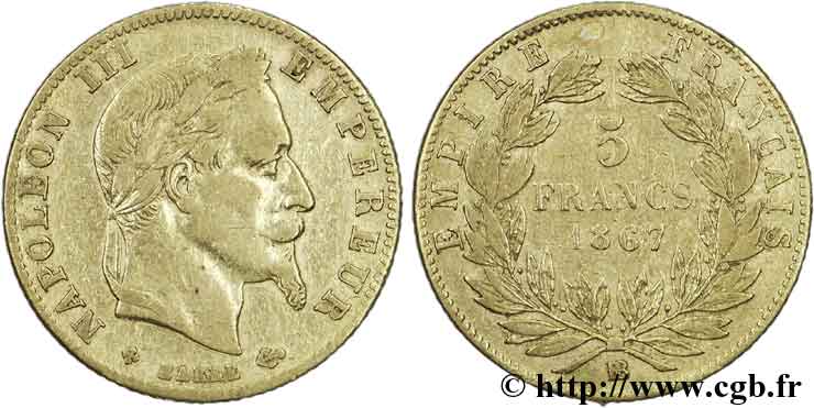 5 francs or Napoléon III, tête laurée 1867 Strasbourg F.502/12 XF40 