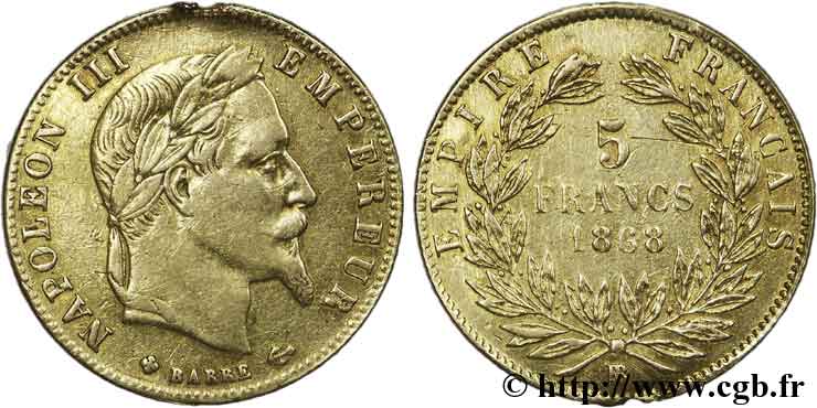 5 francs or Napoléon III, tête laurée 1868 Strasbourg F.502/14 S25 