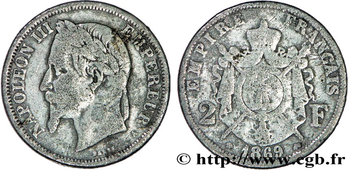 Faux de 2 francs Napoléon III, tête laurée 1869 Paris F.263/10 var. BB40 