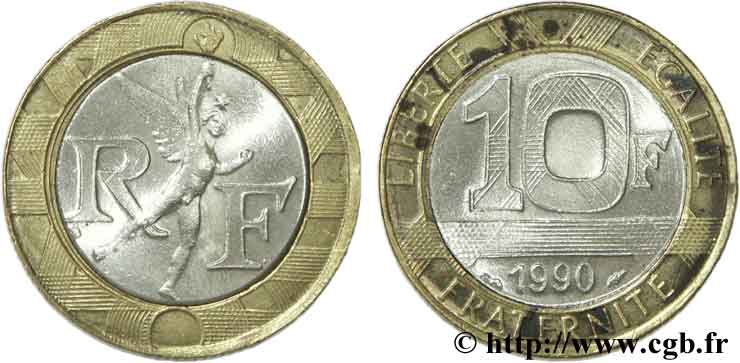Faux de 10 francs Génie de la Bastille, désaxé à 4 heures 1990 Pessac F.375/5 var. SUP62 