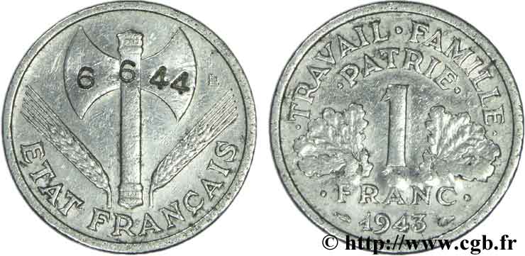 1 franc Francisque, légère, satirique 1943  F.223/3 TB30 