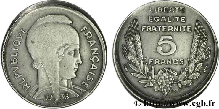 5 francs Bazor, tranche fautée 1933  F.335/2 TTB50 