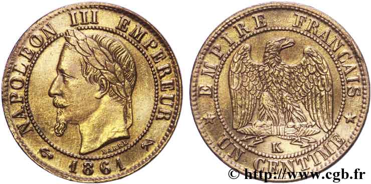 Un centime Napoléon III, tête laurée 1861 Bordeaux F.103/3 SUP61 