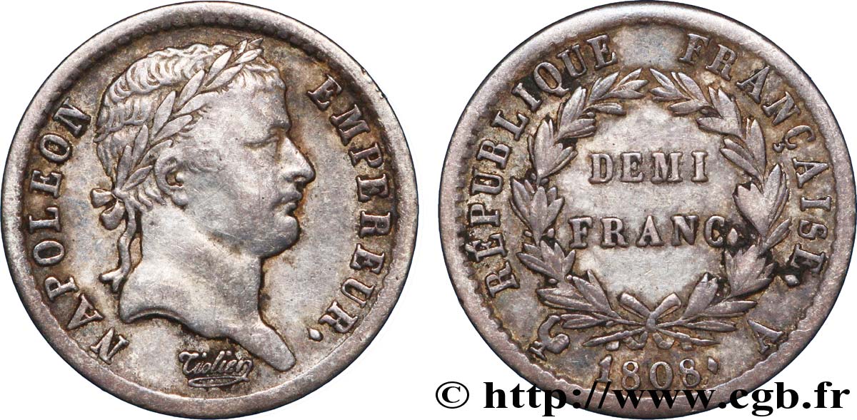 Demi-franc Napoléon Ier tête laurée, République française 1808 Paris F.177/2 TTB48 