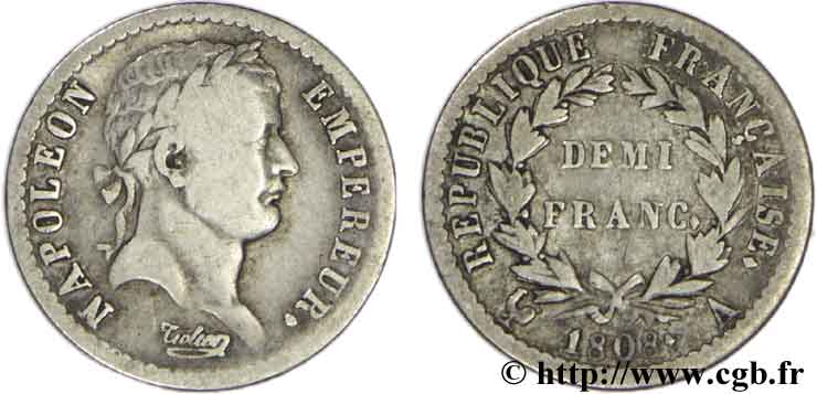 Demi-franc Napoléon Ier tête laurée, République française 1808 Paris F./ TB20 