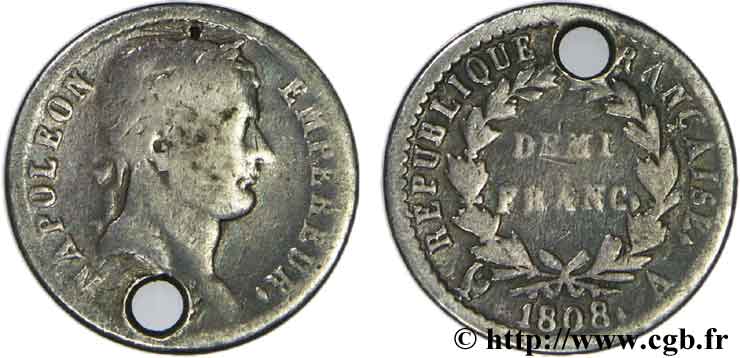 Demi-franc Napoléon Ier tête laurée, République française 1808 Paris F./ TB20 