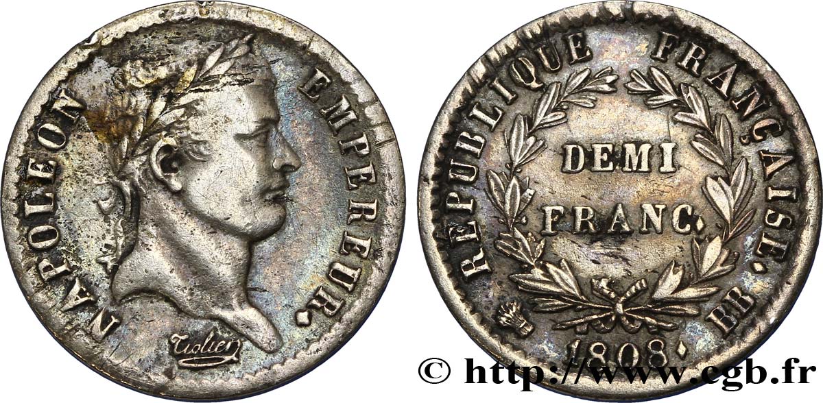 Demi-franc Napoléon Ier tête laurée, République française 1808 Strasbourg F.177/4 TTB40 