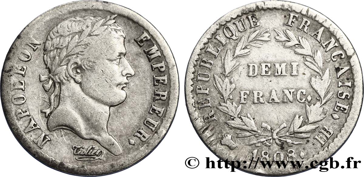 Demi-franc Napoléon Ier tête laurée, République française 1808 Strasbourg F.177/4 TB30 