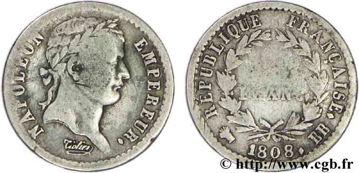 Demi-franc Napoléon Ier tête laurée, République française 1808 Strasbourg F.177/4 TB20 