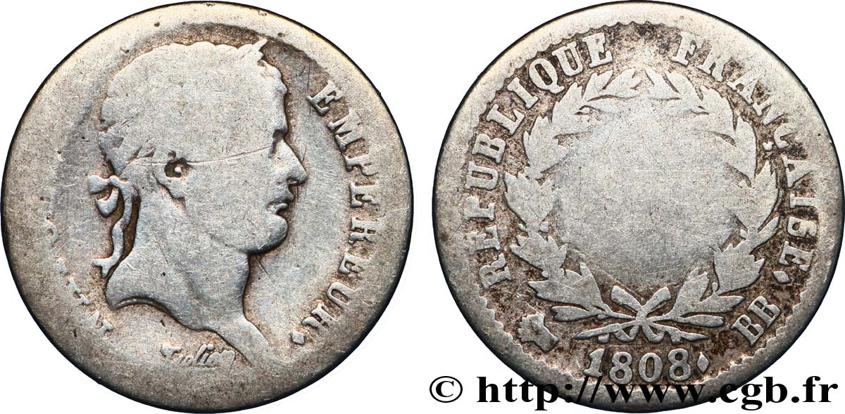Demi-franc Napoléon Ier tête laurée, République française 1808 Strasbourg F.177/4 B8 