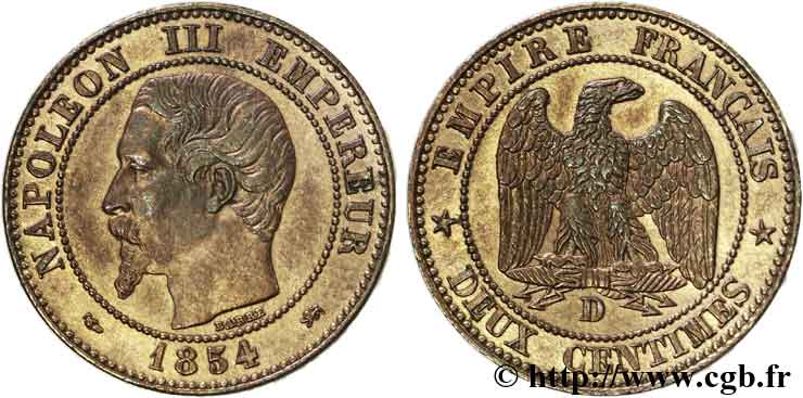 Deux centimes Napoléon III, tête nue, grand D et petit lion 1854 Lyon F.107/13 SUP60 