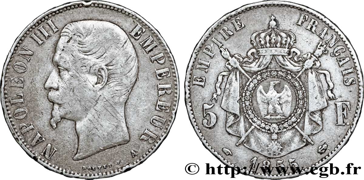 5 francs Napoléon III, tête nue 1855 Paris F.330/3 TB30 