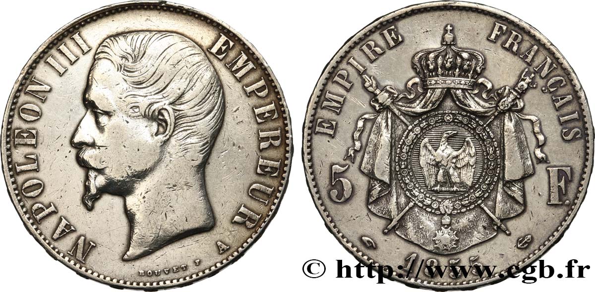 5 francs Napoléon III, tête nue 1855 Paris F.330/3 TB+ 