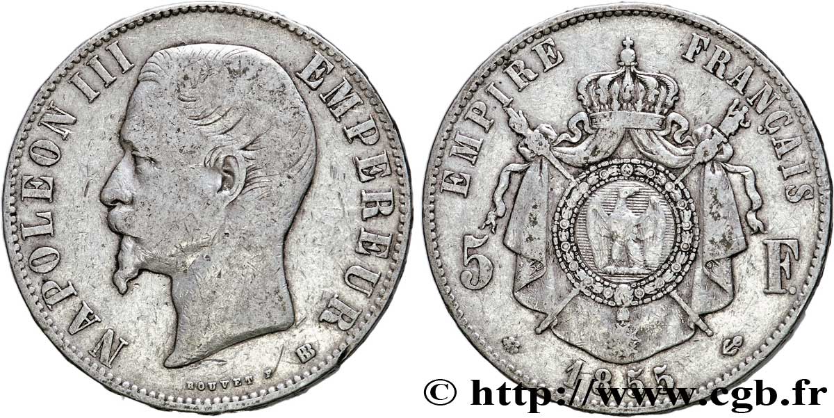 5 francs Napoléon III, tête nue 1855 Strasbourg F.330/4 MB25 