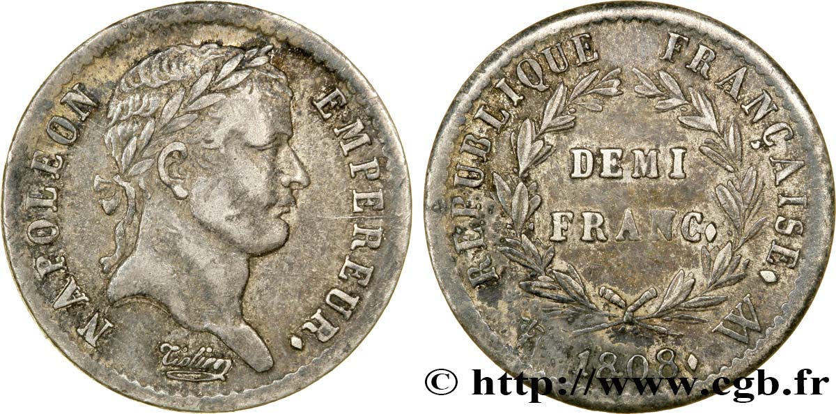 Demi-franc Napoléon Ier tête laurée, République française 1808 Lille F.177/16 AU50 