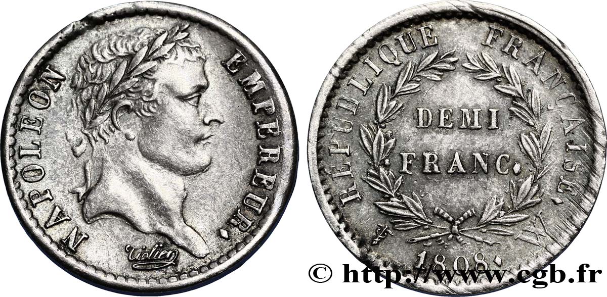 Demi-franc Napoléon Ier tête laurée, République française 1808 Lille F.177/16 AU50 