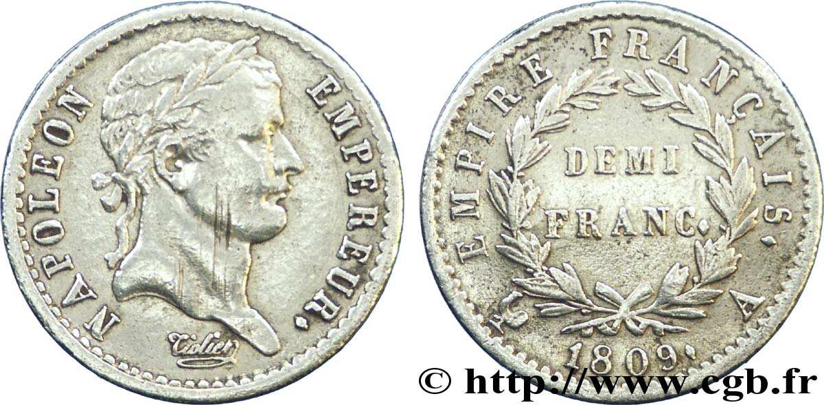 Demi-franc Napoléon Ier tête laurée, Empire français 1809 Paris F.178/1 TTB48 