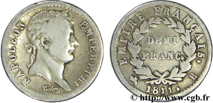 Demi-franc Napoléon Ier tête laurée, Empire français 1811 Rouen F.178/22 B12 