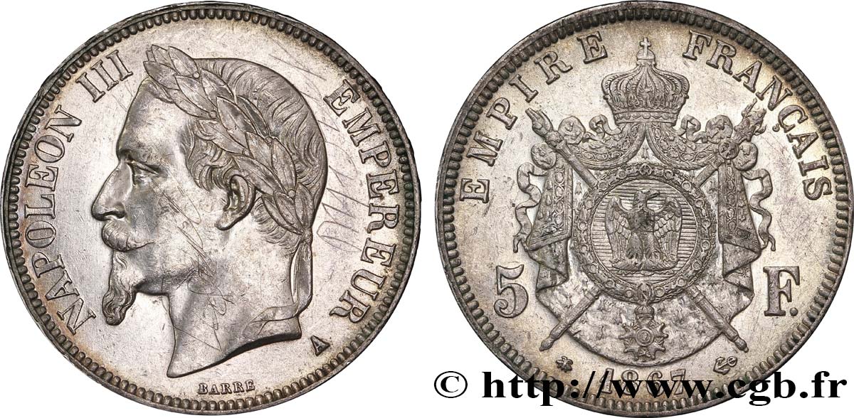 5 francs Napoléon III, tête laurée 1867 Paris F.331/10 TTB53 