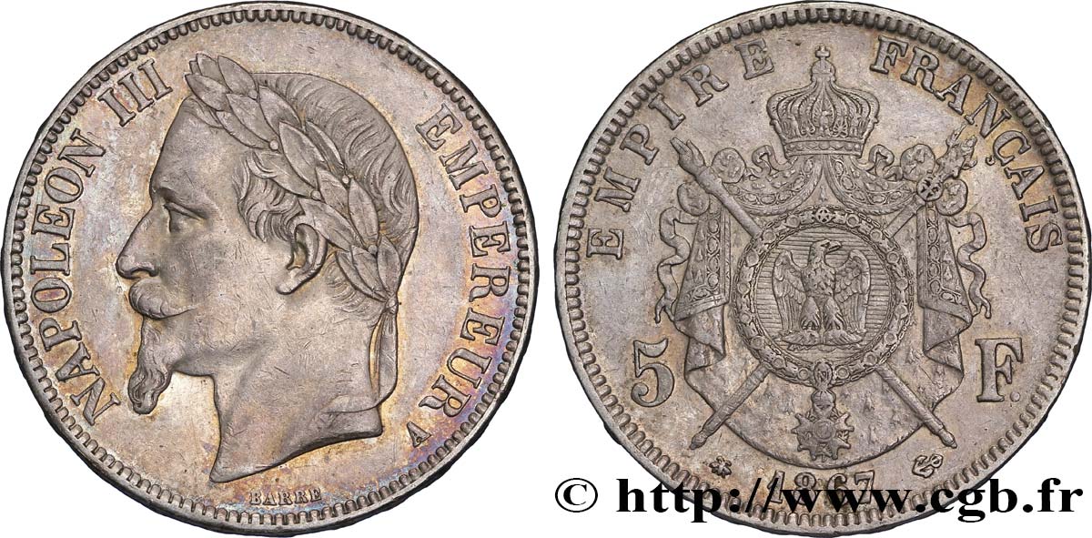 5 francs Napoléon III, tête laurée 1867 Paris F.331/10 TTB54 