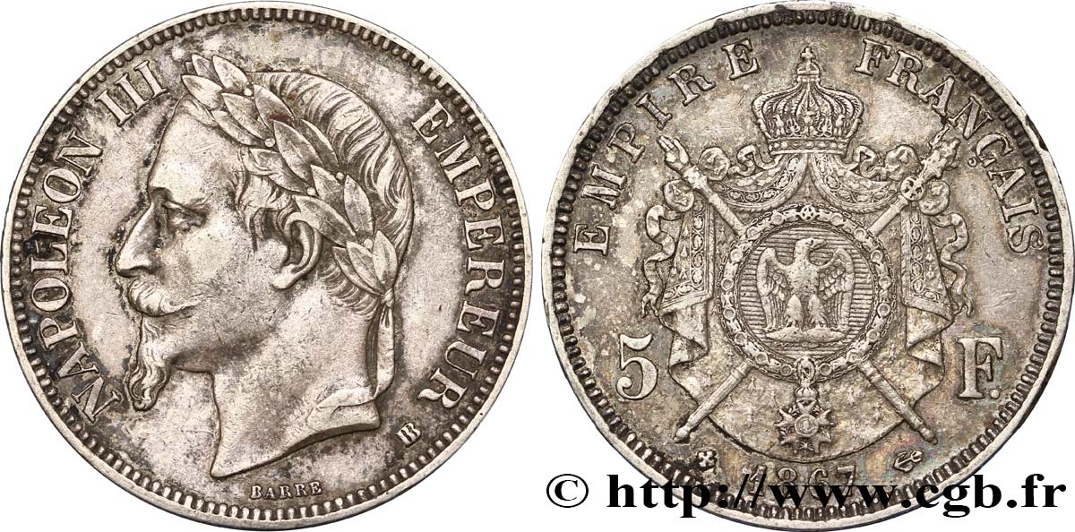 5 francs Napoléon III, tête laurée 1867 Strasbourg F.331/11 TTB50 